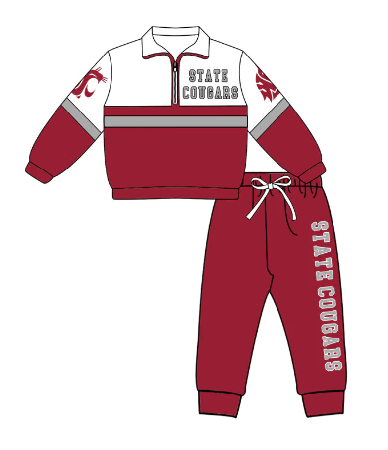 ( Moq 5 ) Baby Boys Kids Dark Red Long Sleeves Zipper Shirt Jogger Pants Team Clothes Set