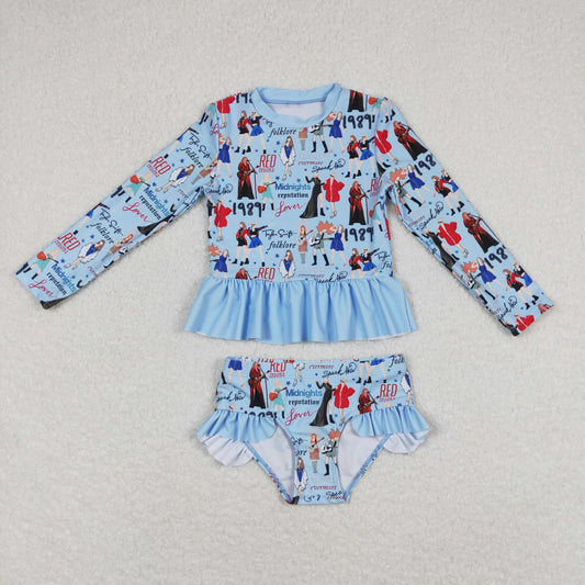 Baby Girl Long Sleeves Singer Blue One Piece Swimsuit