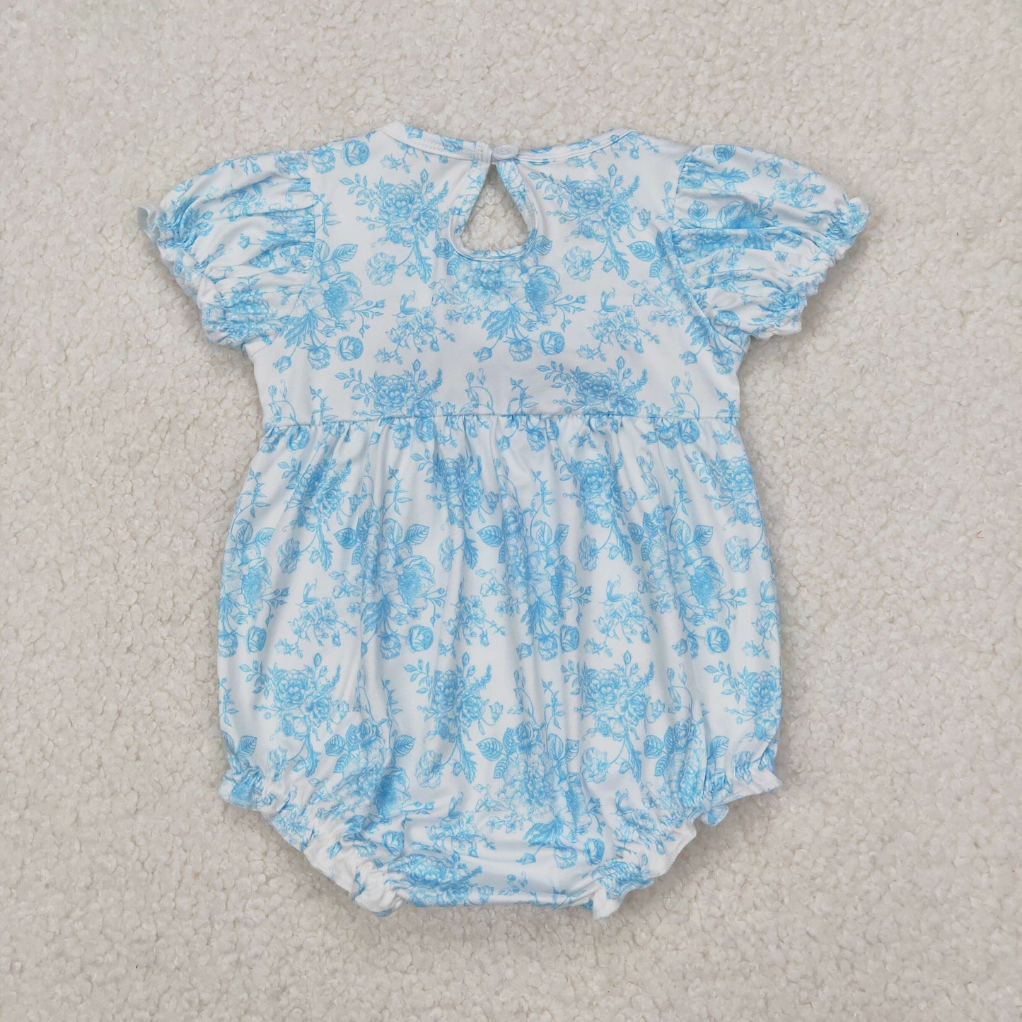 Baby Girl Infant Blue Flower Embroidery Bows Bubble Romper RTS