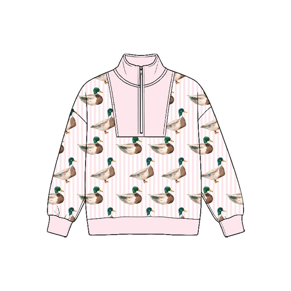 ( Moq 5 ) Preorder Toddler Girls Long Sleeves Ducks Pink Stripes Half Zip Pullover Tops