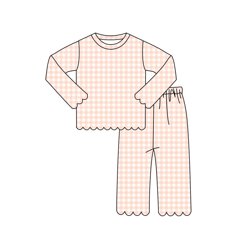 ( Moq 5 ) Preorder Baby Girl Kids Long Sleeves Scallop Shirt Orange Plaid Pants Set Pajamas Clothes