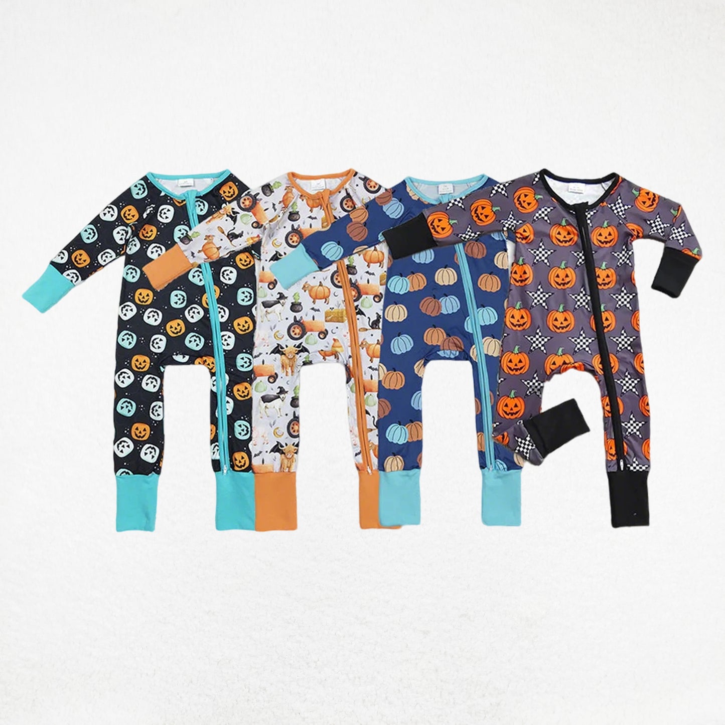 Sibling Baby Girls Colorful Ghost Pumpkins Fall Halloween Zipper Footie Rompers