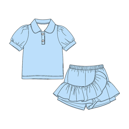 ( Moq 5 ) Preorder Baby Girls Kids Short Sleeves Shirt Ruffle Skirt Shorts Blue Set Clothes