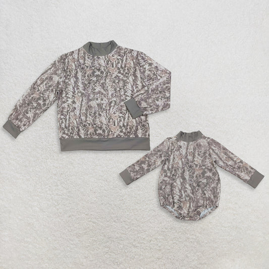 Sibling Baby Kids Adult Women Long Sleeves Camo Romper Leaves Shirt Yoga Active Mock Neck Clothes RTS