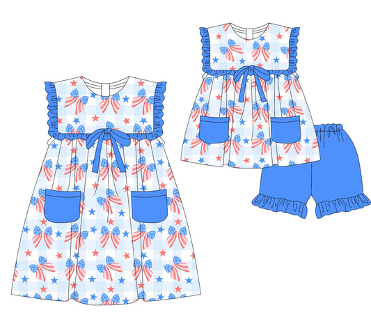 Baby Girl 4th Of July Bows Blue Pockets Sibling Dress Set ( Moq 5 Each Style ) 3.17