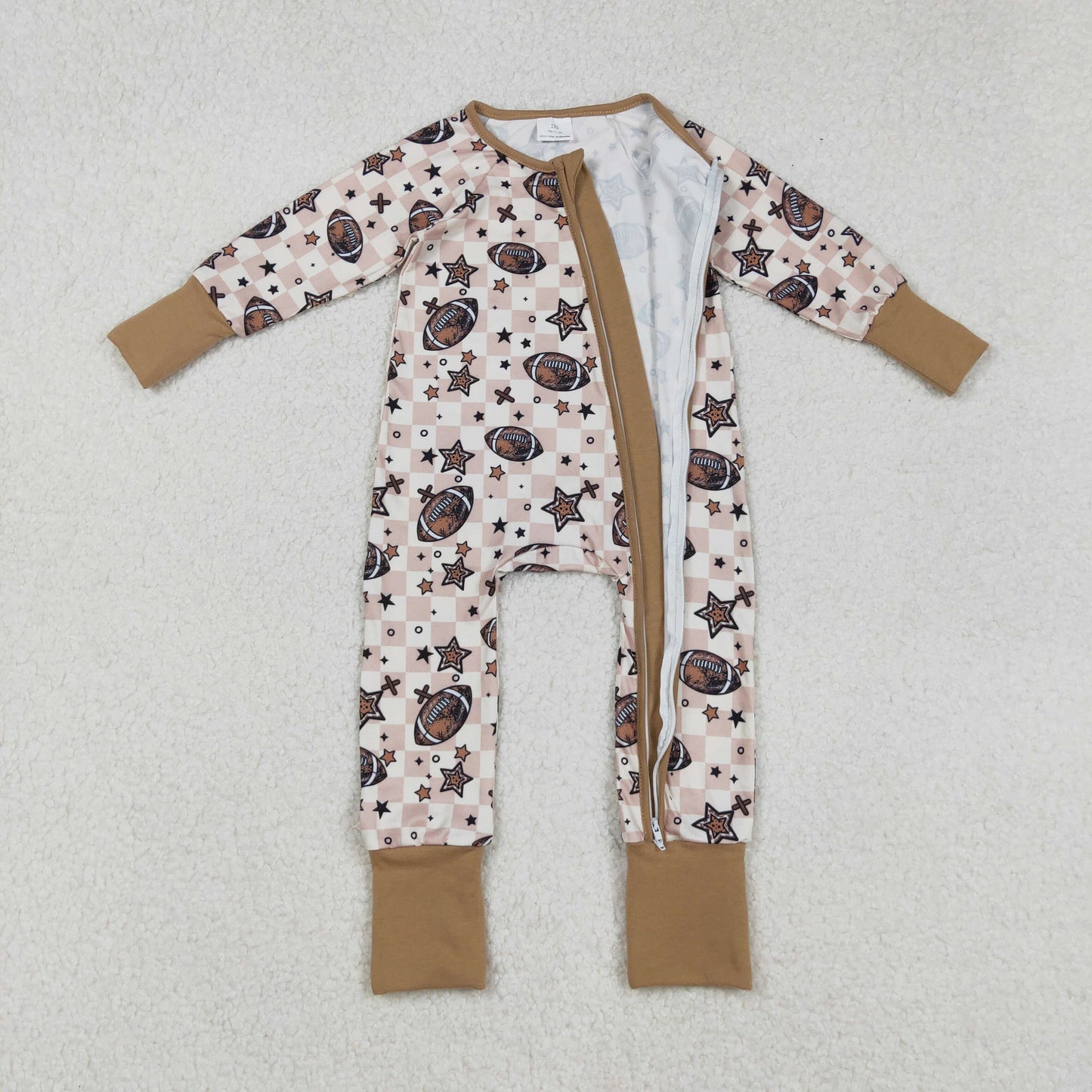 Baby Boy Long Sleeves Football Stars Plaid Zipper Pajamas Romper RTS