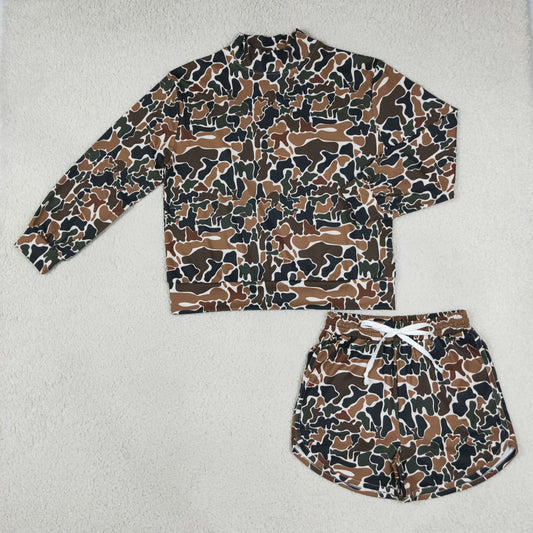 Adult Women Long Sleeves Brown Camo Shirt Pockets Shorts Yoga Active Set Clothes RTS