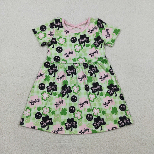 Baby Girls Kids Short Sleeves Smile Plaid St. Patrick's Day Green Knee Length Dress RTS