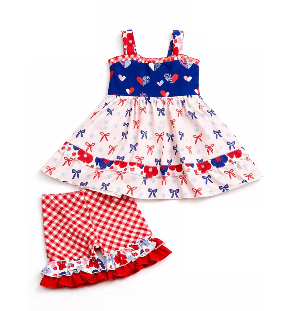 ( Moq 5 ) Preorder Baby Girl Kids Bows Hearts Tops Plaid Ruffle Shorts Set 4th of July Clothes