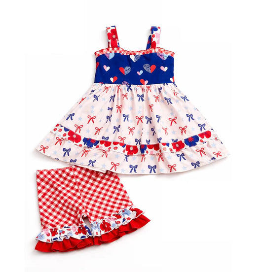 ( Moq 5 ) Preorder Baby Girl Kids Bows Hearts Tops Plaid Ruffle Shorts Set 4th of July Clothes