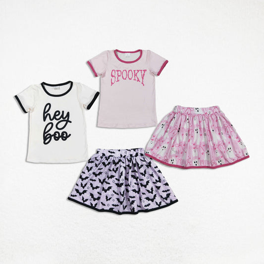 Girls Kids Short Sleeves Boo Shirt Bats Purple Skorts Sibling Halloween Set RTS