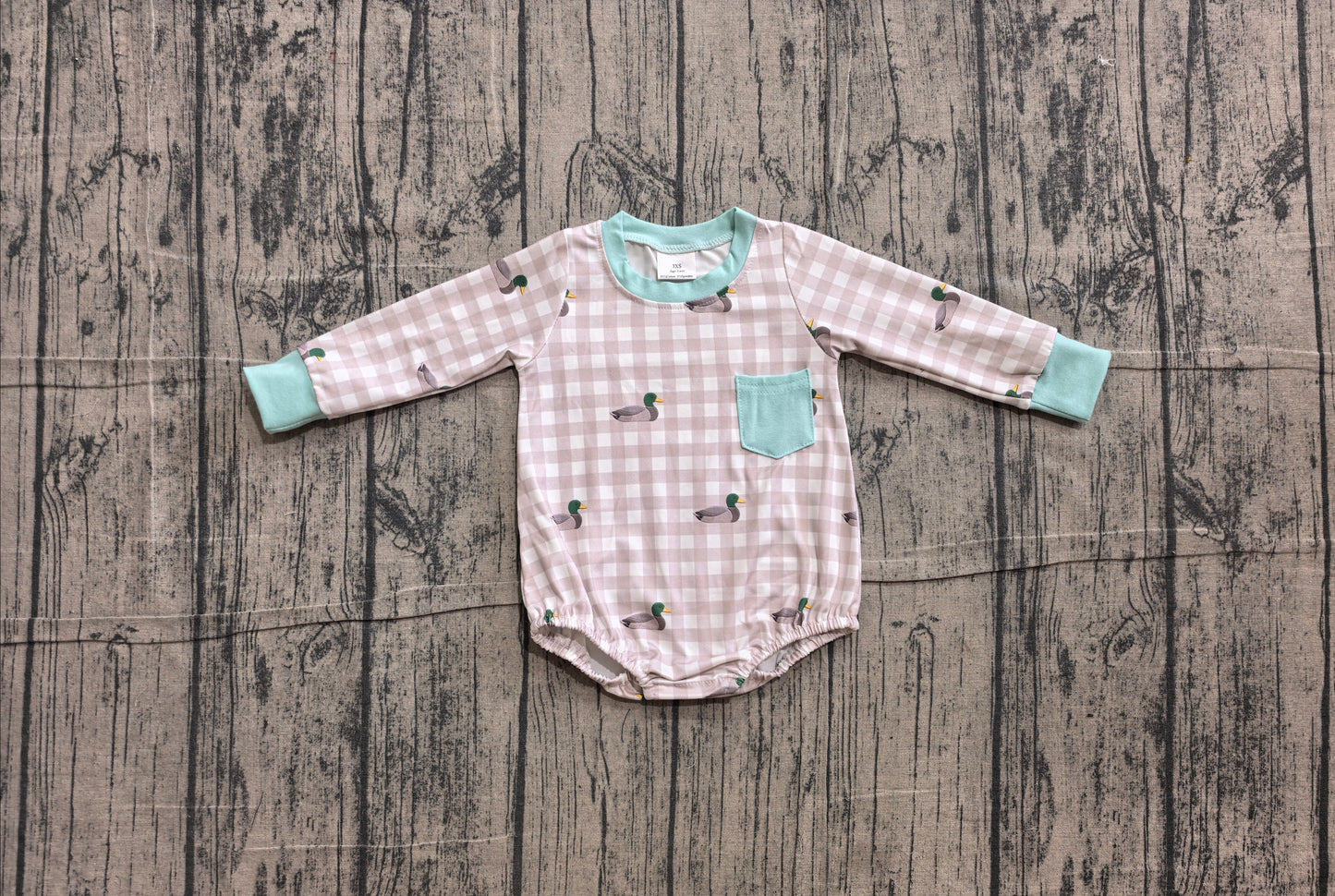 ( No moq ) Preorder Baby Boys Infant Long Sleeves Ducks Checked Pocket Romper Clothes