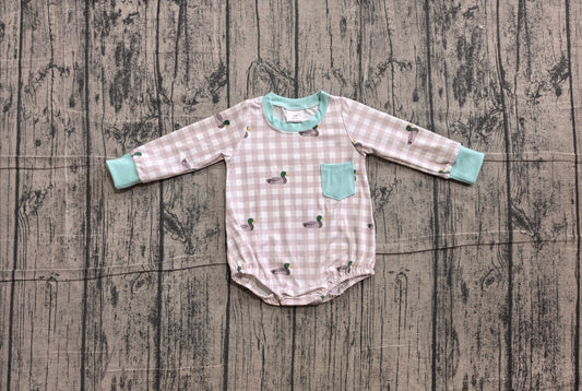 ( No moq ) Preorder Baby Boys Infant Long Sleeves Embroidery Ducks Checked Pocket Romper Clothes