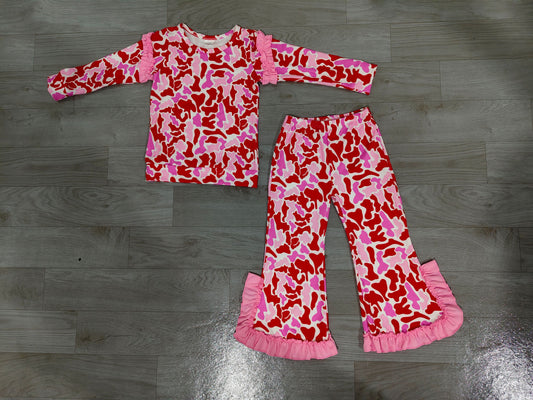 ( No moq ) Preorder Baby Girls Kids Long Sleeves Camo Shirt Bows Pants Set Pink Clothes