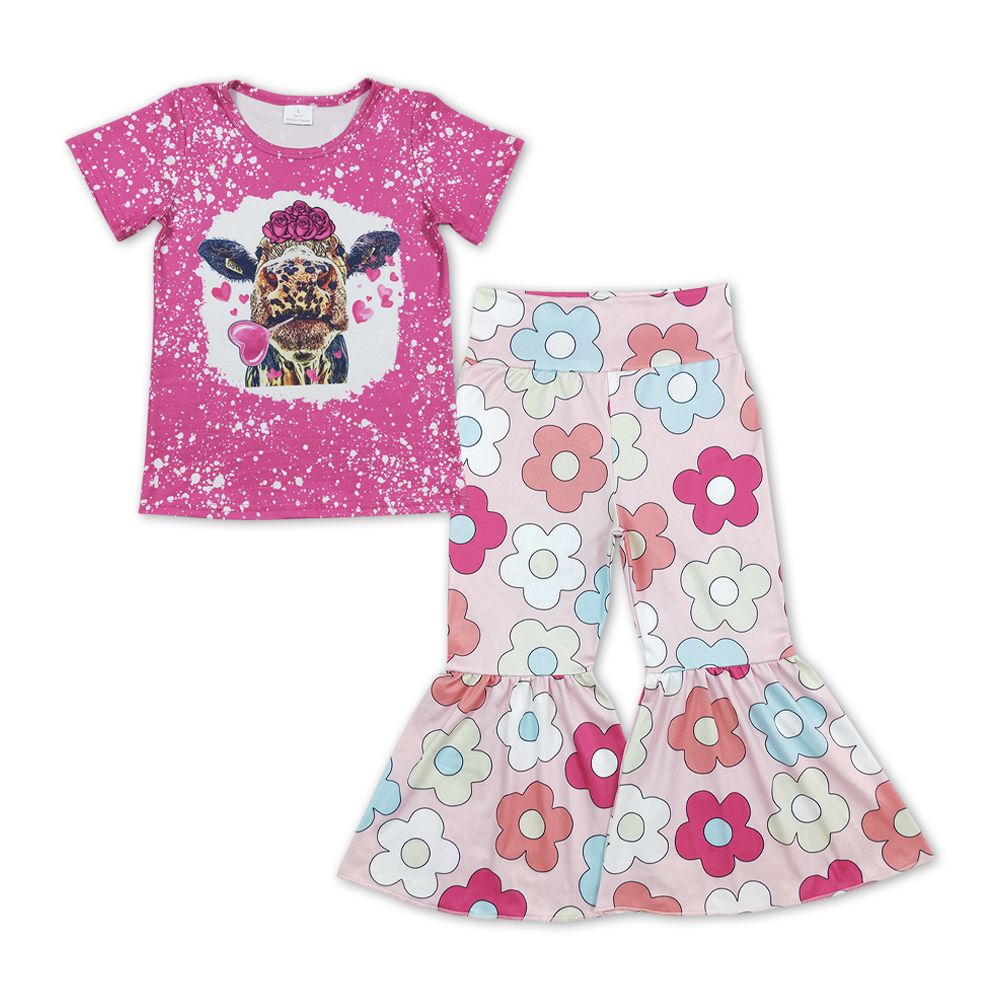 GSPO1184 Baby Girl Cow Pink Shirt Floral Bell Pants Valentine's Day Set