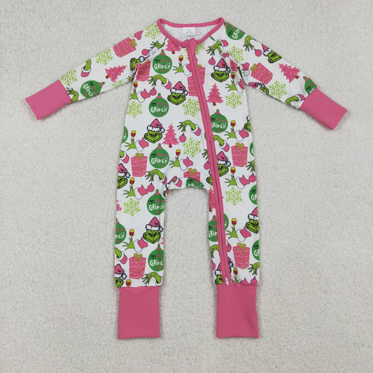 Baby Girl Long Sleeves Green Face Tree Christmas Zipper Romper RTS