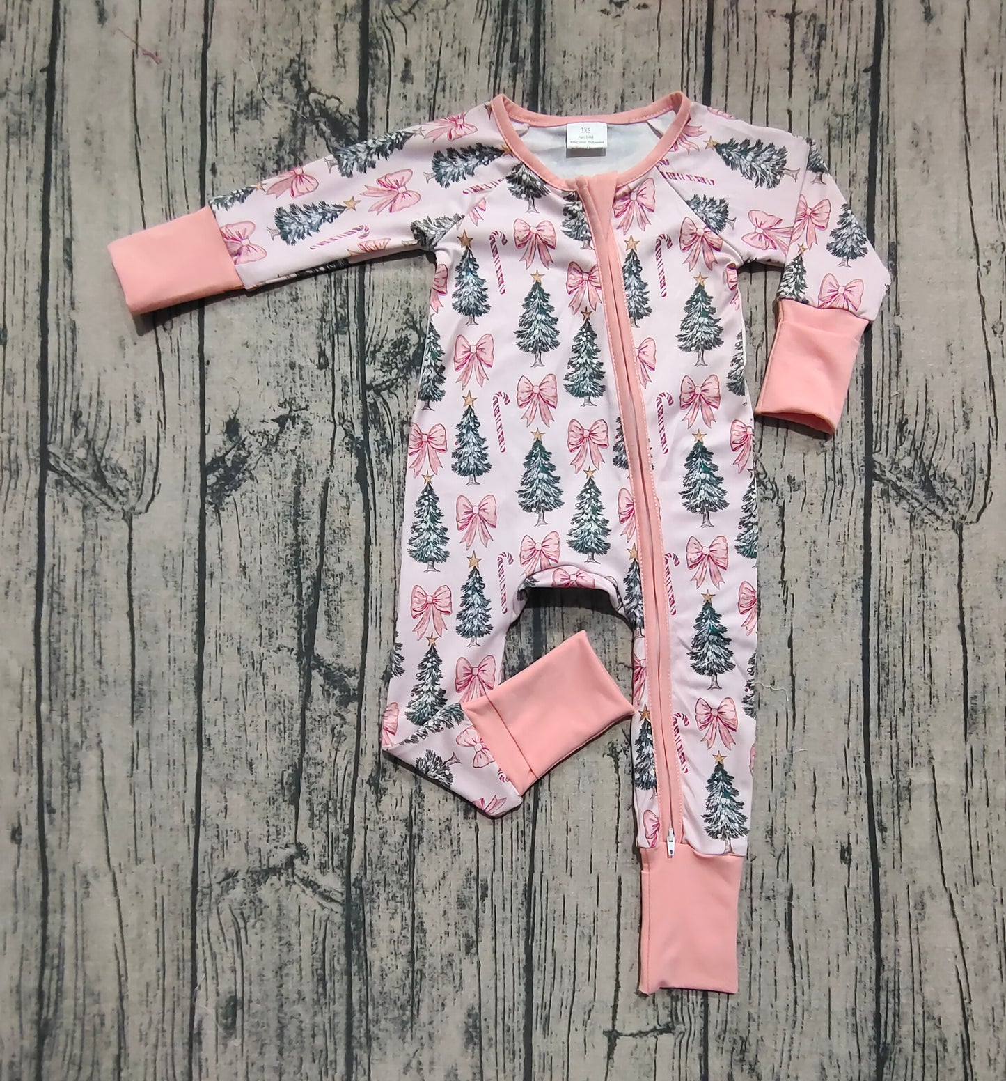 Baby Girl Infant Long Sleeves Tree Bows Christmas Zipper Pink Romper RTS