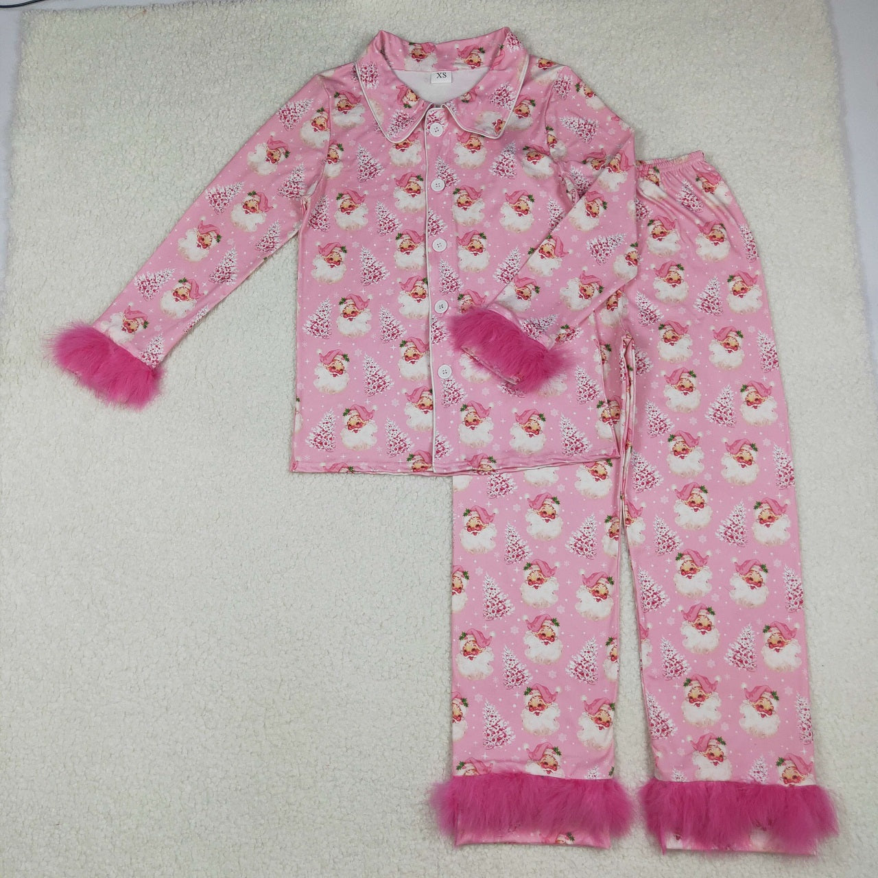 Sibling Girls Kids Adult Women Pink Fur Santa Tree Buttons Shirt Pants Pajamas Christmas Set RTS