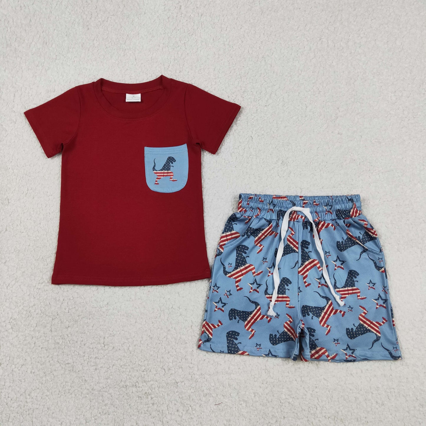 Baby Boys Kids Short Sleeves Red Shirt Dinosaurs Pockets Shorts 4th of July Set RTS