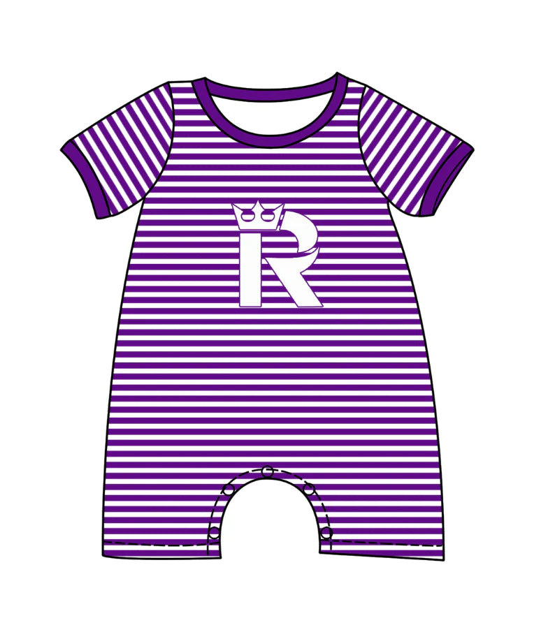 ( Moq 5 ) Baby Boys Kids Short Sleeves R Purple Stripes Team Romper