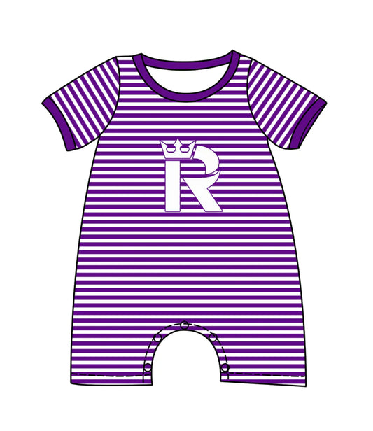 ( Moq 5 ) Baby Boys Kids Short Sleeves R Purple Stripes Team Romper