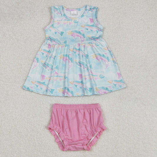 Baby Girl Sleeveless Shark Tunic Pink Cotton Bummies Clothes Set RTS
