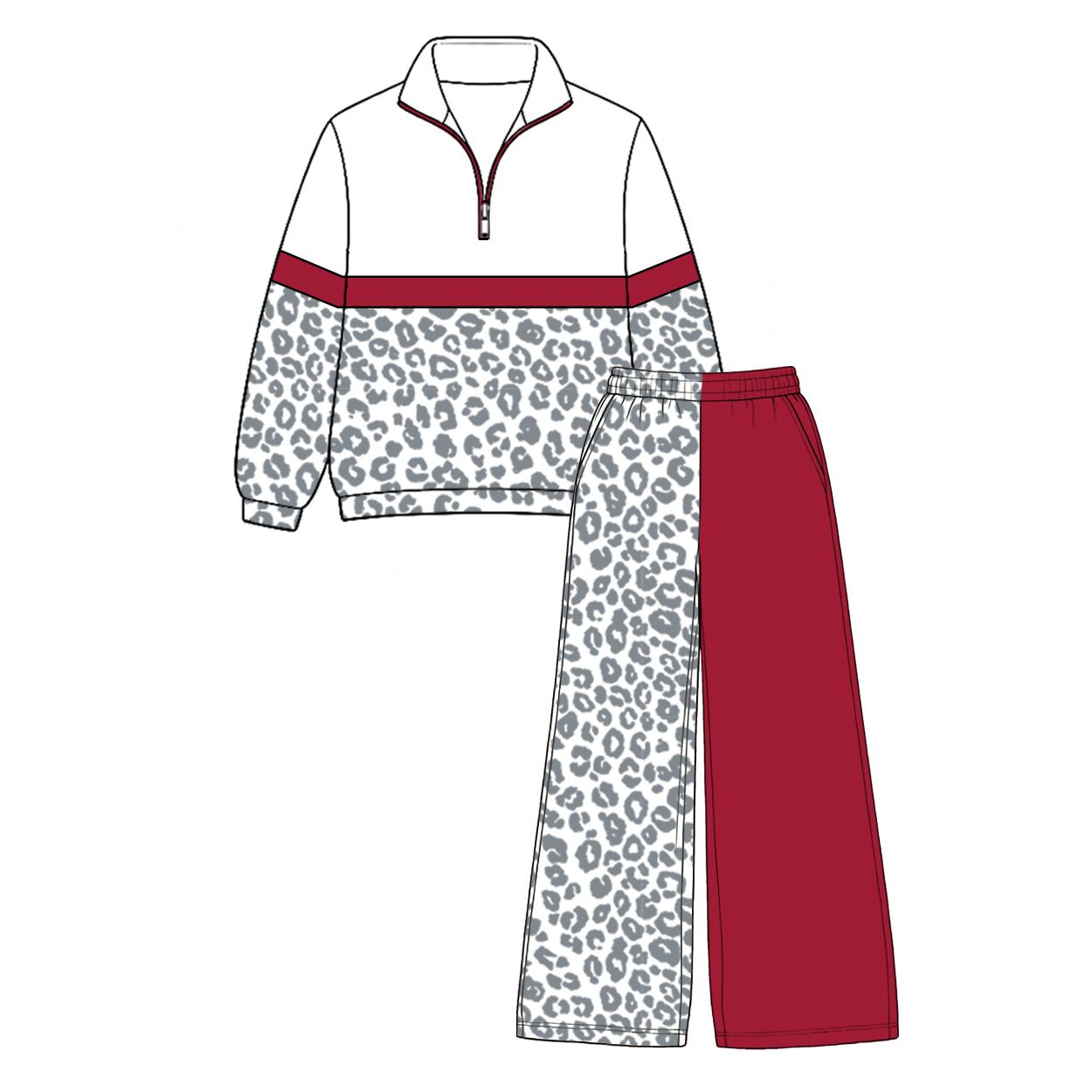 ( Moq 5 ) Preorder Baby Girls Kids Long Sleeves Zipper Pullover Leopard Red Pants Set Clothes
