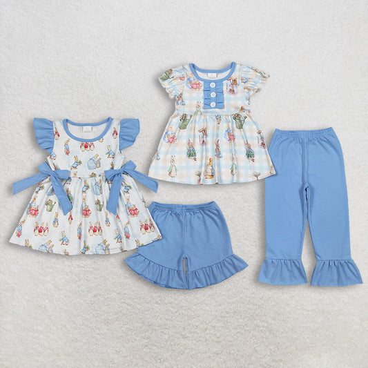 Sibling Baby Girls Short Sleeves Rabbits Tunic Blue Shorts Pants Easter Clothes Sets RTS