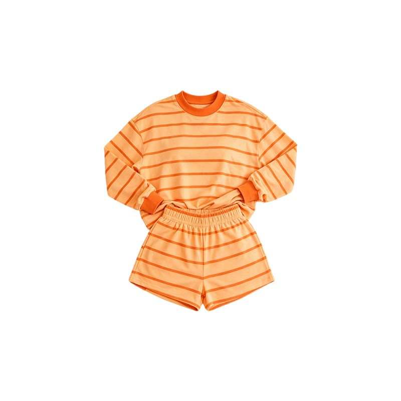 ( Moq 5 ) Preorder Baby Girls Kids Long Sleeves Shirt Shorts Orange Stripes Set Yoga Active Clothes