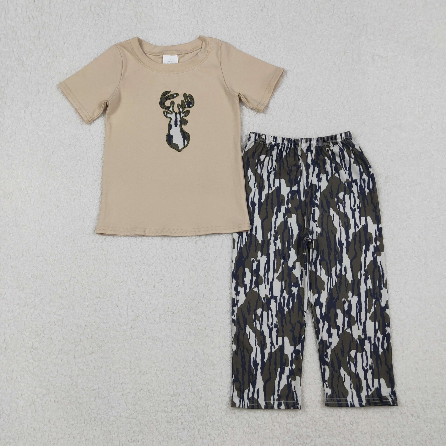 Boys Kids Short Sleeves Embroidery Deer Shirt Camo Pants Clothes Hunting Set RTS