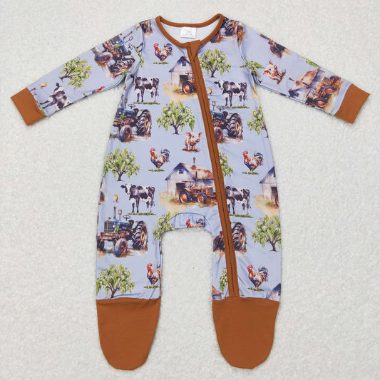 LR0632 Baby Boy Long Sleeves Tractor Cow Farm Footie One Piece Romper