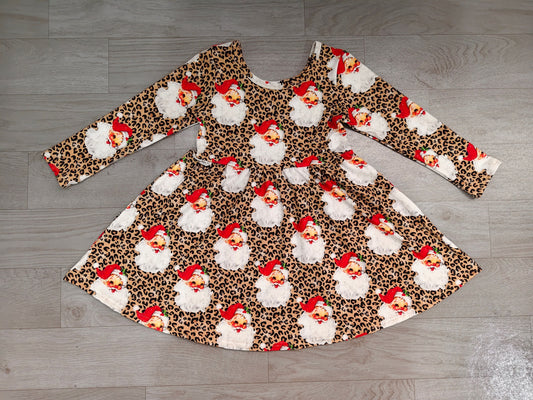 ( No moq ) Preorder Baby Girls Long Sleeves Santa Leopard Christmas Ruffle Dress Clothes