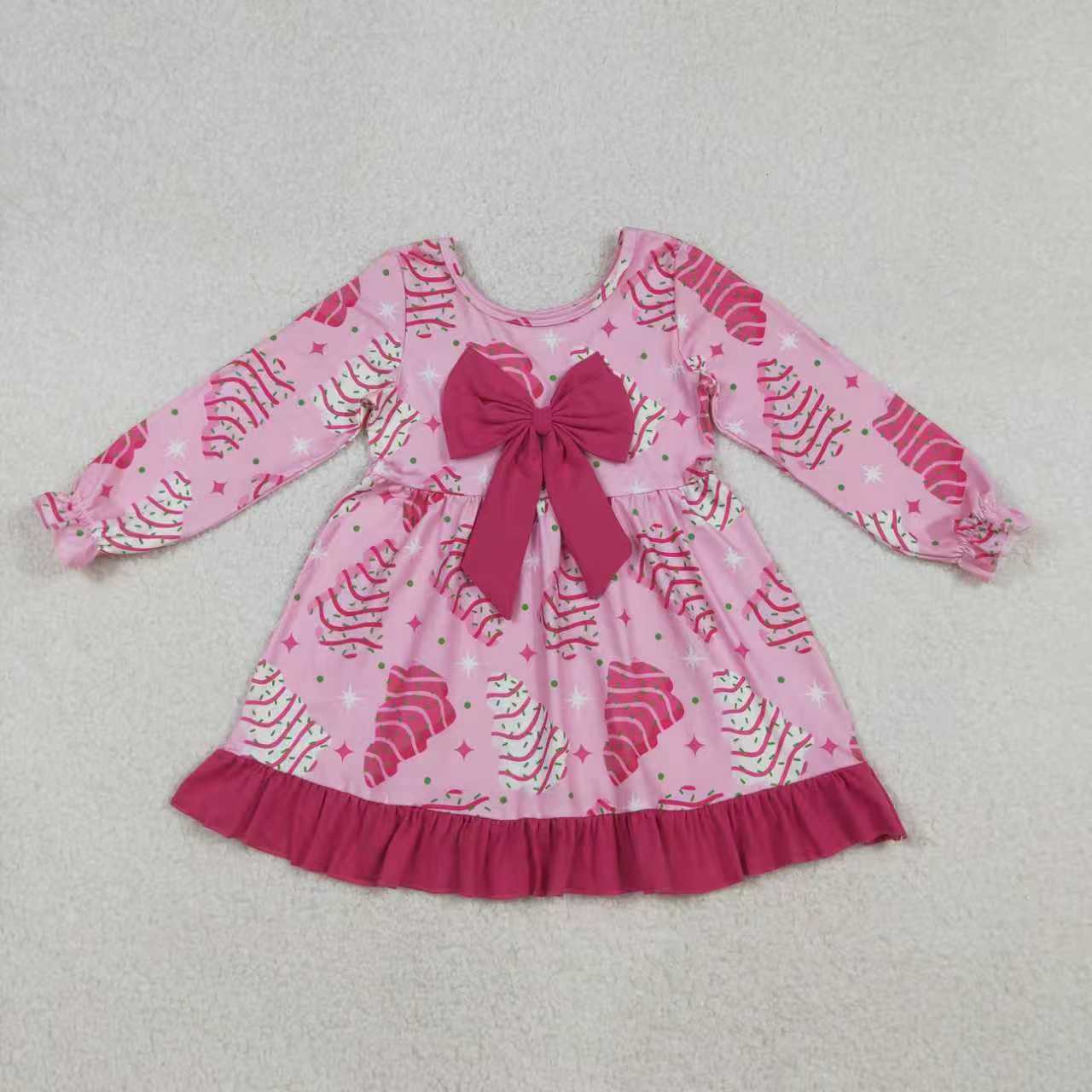 Sibling Baby Girl Kids Long Sleeves Cakes Tree Christmas Pink Bow Romper Dress RTS