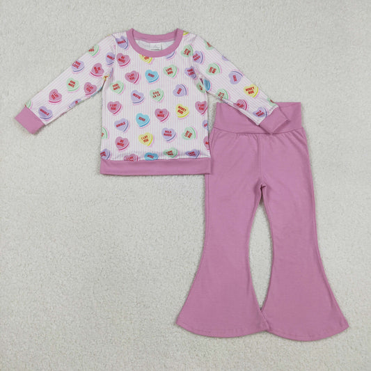 Baby Girls Kids Long Sleeves Hearts Stripes Shirt Pink Bell Pants Valentine Clothes Set