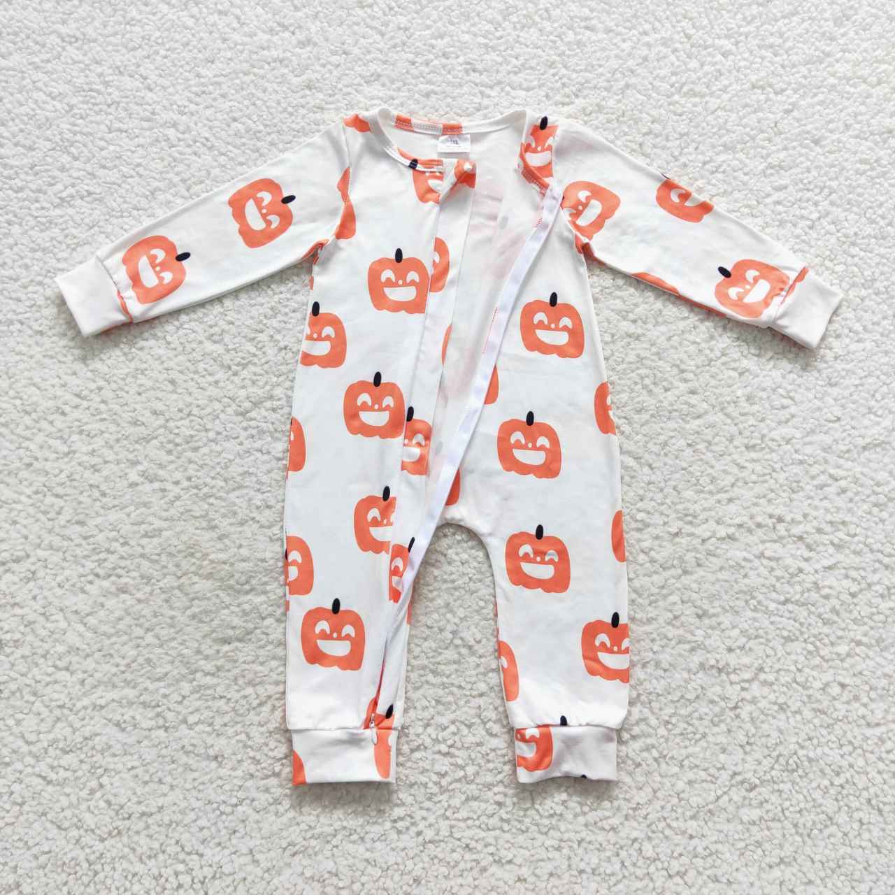 LR0495 Baby Kids Halloween Pumpkin Long Sleeves One Piece Zipper Romper
