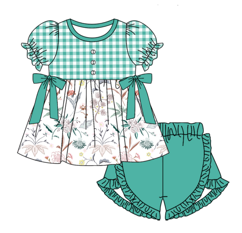 Baby Girl Short Sleeves Flower Green Plaid Sibling Romper Dress Clothes Set ( Moq 5 Each Design )11.19
