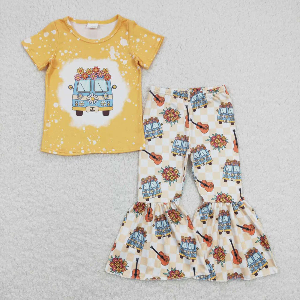 GSPO1369 Baby Girl Camping Bus Floral Guitar Shirt Bell Pants Set