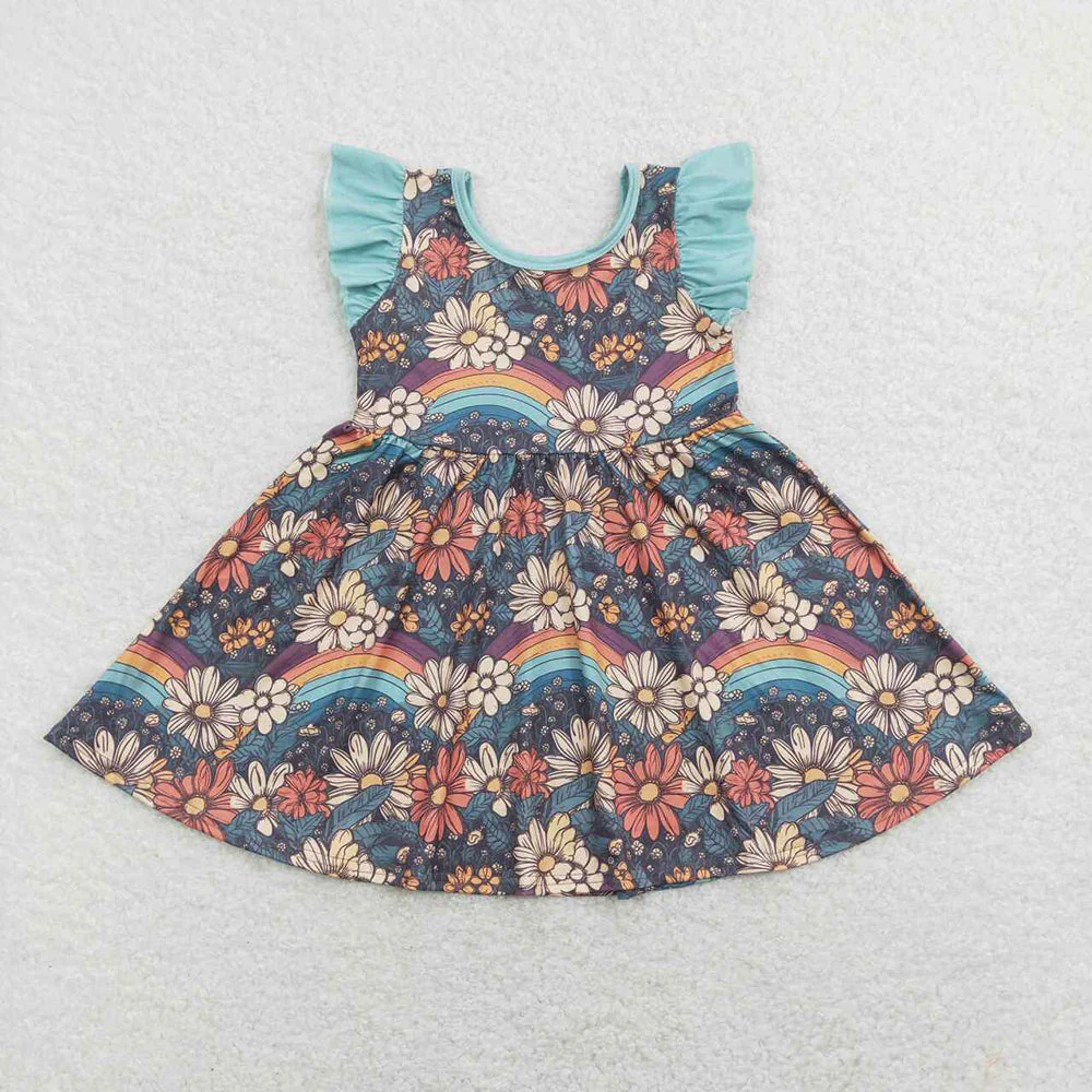 Baby Girl Short Sleeves Groovy Rainbow Flower Sibling Dress Clothes Set