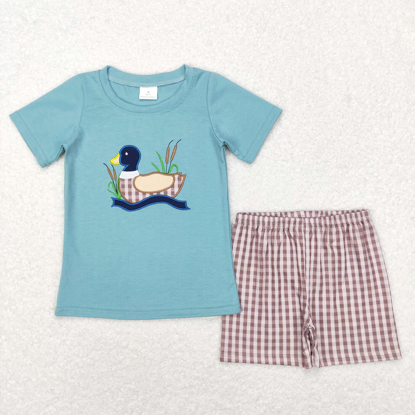 BSSO0281 Baby Boy Short Sleeves Embroidery Duck Shirt Plaid Shorts Outfit
