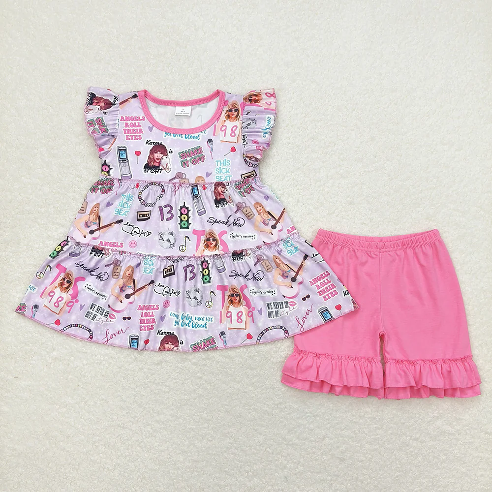 Baby Girl Short Sleeves Singer Tunic Pink Ruffle Cotton Shorts Set