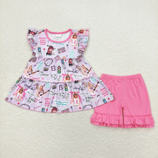 Baby Girl Short Sleeves Singer Tunic Pink Ruffle Cotton Shorts Set