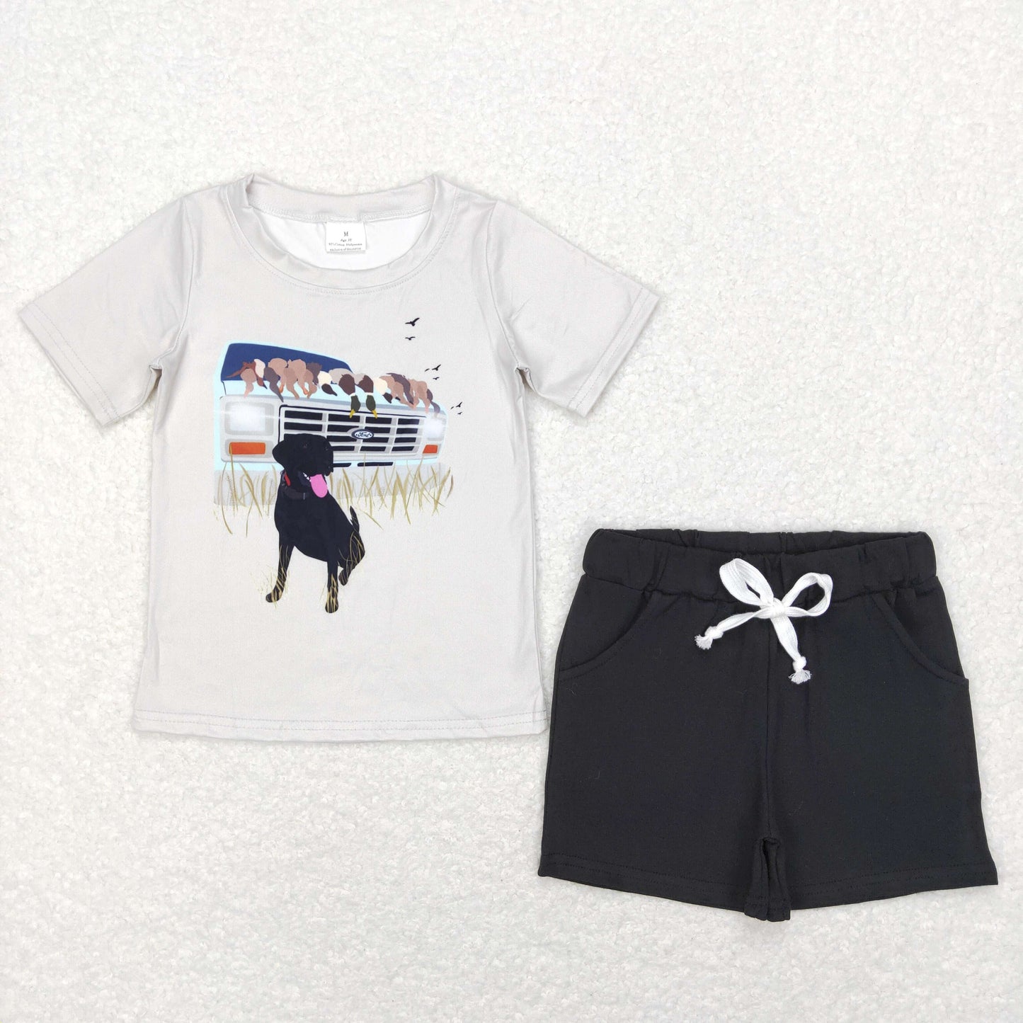 Baby Boy Short Sleeves Dog Shirt Black Cotton Pocket Shorts Hunting Set