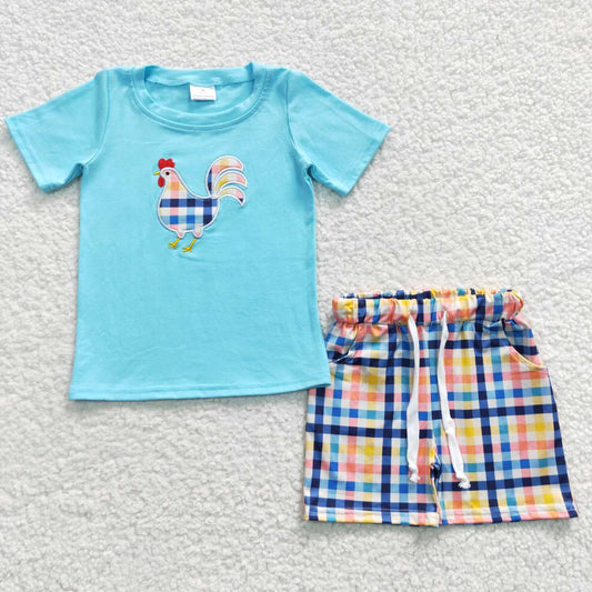 BSSO0270 Baby Boy Summer Short Sleves Embroidery Chicken Top Plaid Pocket Shorts Outfit