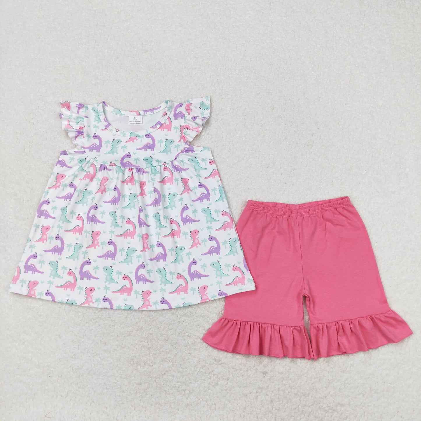 Baby Girl Short Sleeves Dinosaurs Tunic Ruffle Pink Shorts Summer Set