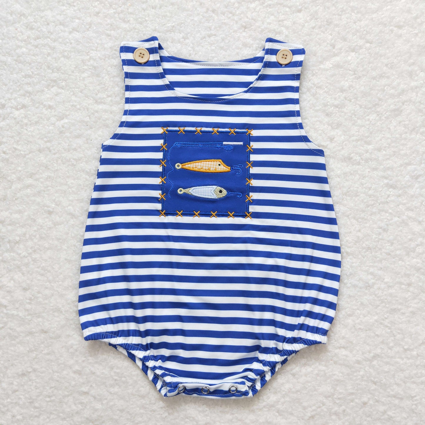 Baby Boy Sleeveless Embroidery Fishing Stripes Blue Summer One Piece Romper