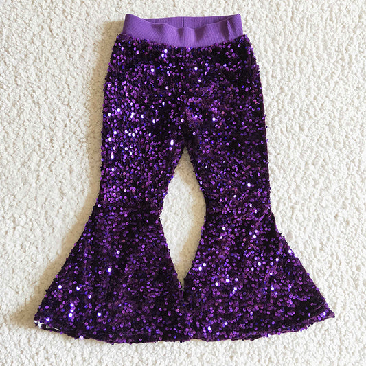 P0032 Baby Girl Purple Glitter Sequins With Lining Bell Pants
