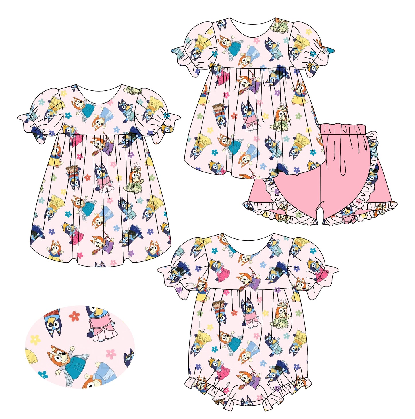 Baby Girl Short Sleeves Dogs Flower Pink Sibling Romper Dress Set ( Moq 5 Each Style ) 3.4