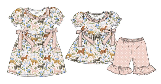 ( Moq 5 Each Style ) Sibling Baby Girls Kids Short Sleeves Horse Flower Dress Set Clothes
