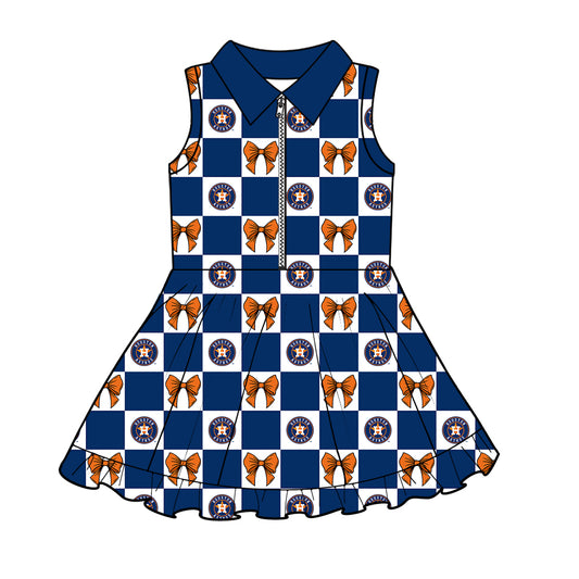 ( Moq 5 Each Style ) Baby Girls Kids Toddler Bows Blue Plaid Team Zipper Shorts Knee Length Dress