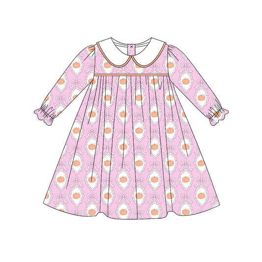 Baby Girl Long Sleeves Fall Pumpkin Bows Pink Dress